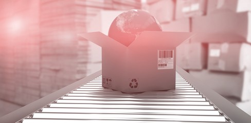 Canvas Print - Composite image of box with globe on 3d conveyor belt