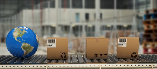 Poster - Composite image of boxes and globe on conveyor belt