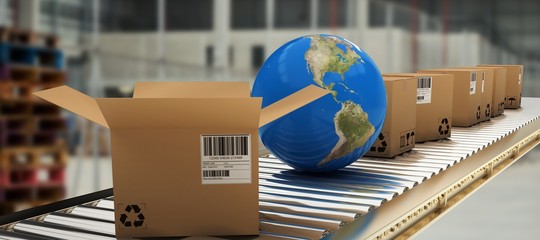 Poster - Composite image of blue globe amidst boxes on 3d conveyor belt
