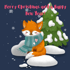 Wall Mural - cute children illustration of a winter forest and animal fox. Christmas card.