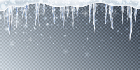 Wall Mural - Snow, ice cup, icicles. Snow frame background. Realistic transparent elements.
