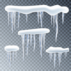 Wall Mural - Snow, ice cup, icicles. Snowflakes background. Realistic transparent elements. Isolated. Vector
