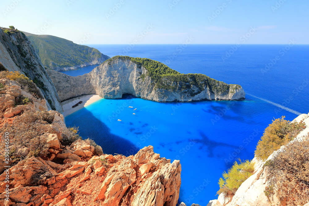 Obraz na płótnie Amazing Navagio Beach or Shipwreck beach in summer. Zakynthos or Zante island, Ionian Sea, Greece. w salonie
