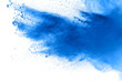 Bizarre forms of blue powder explode cloud on background. Launched blue dust particles splash on white background.