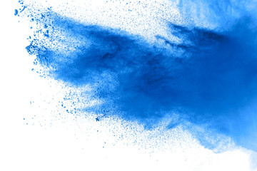 Wall Mural - Bizarre forms of  blue powder explode cloud on background. Launched blue dust particles splash on white background.