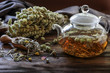 Herbal mixture tea leaves tea in the teapot on wooden background, herbal tea concept.
