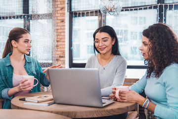 Sticker - Professional cooperation. Positive nice women sitting around the laptop while working together