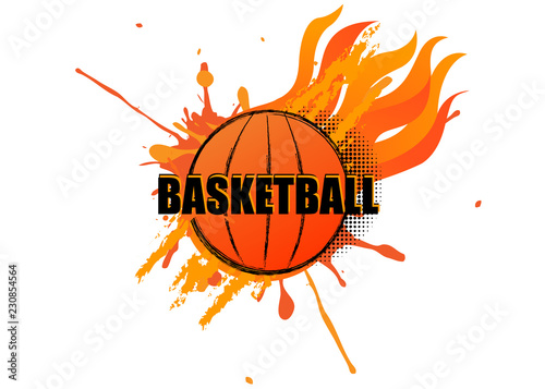 Fototapeta  Basketball with grunge splatter and fire on white background
