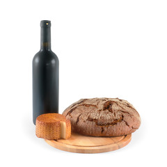 Wall Mural - Wine, bread and cheese isolated on white with clipping path