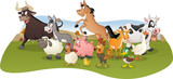 Group of farm cartoon animals. Farm background.
