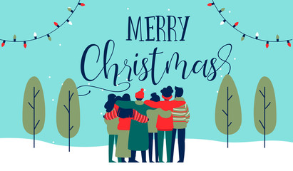 Christmas diverse friend group hug greeting card