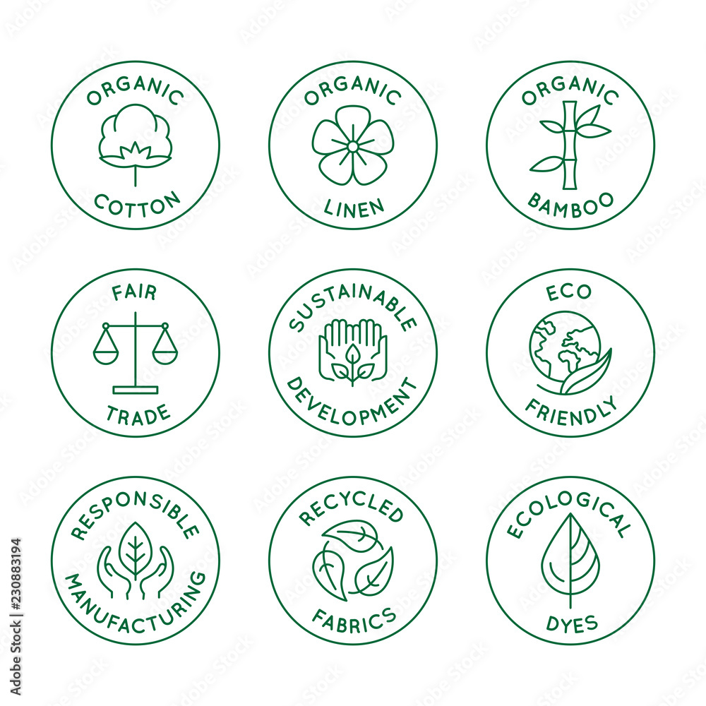 Vector set of linear icons and badges related to slow fashion and sustainable made textiles, fabrics, garment and clothes - obrazy, fototapety, plakaty 