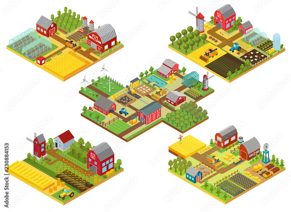 Vector 3d isometric rural farms set with tractor, combine harvester ...