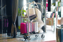 Trolley Luggage At The Hotel. Hotel Baggage Cart