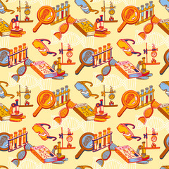 Poster - Chemistry lab seamless pattern. Hand drawn illustration of chemistry lab vector seamless pattern for web design