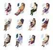 Airplane passenger vector people businessman woman character sitting in plane near window illustration flight set of person man kid on board seat travelling in aeroplane isolated on white background