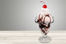 Chocolate Ice Cream In Glass On  Table