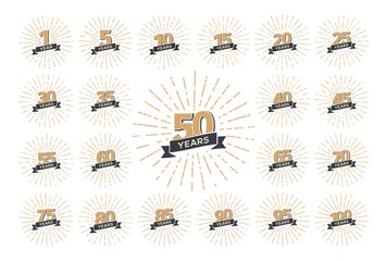 Wall Mural - set of isolated anniversary logo numbers with ribbon and fireworks vector illustration. isolated col