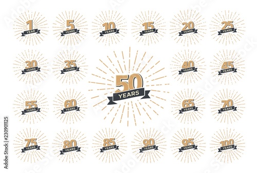 Fotografía Set of isolated anniversary logo numbers with ribbon and fireworks vector illustration