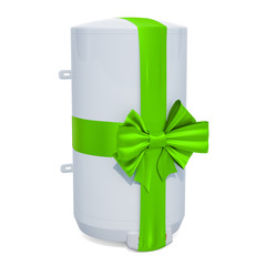 Poster - Tank electric water heater or boiler with green ribbon and bow. 3D rendering