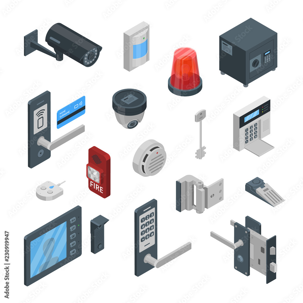 Home security systems vector 3d isometric icons and design elements ...
