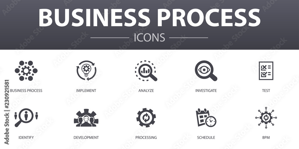 Business process simple concept icons set. Contains such icons as implement, analyze, development, Processing and more, can be used for web, logo, UI/UX - obrazy, fototapety, plakaty 