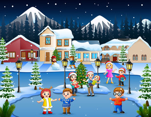 Wall Mural - Cartoon of happy kid and family playing in the snowing village