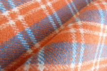 Checkered Wool Fabric Close Up Scottish Cage Drape Orange White Geometric Pattern