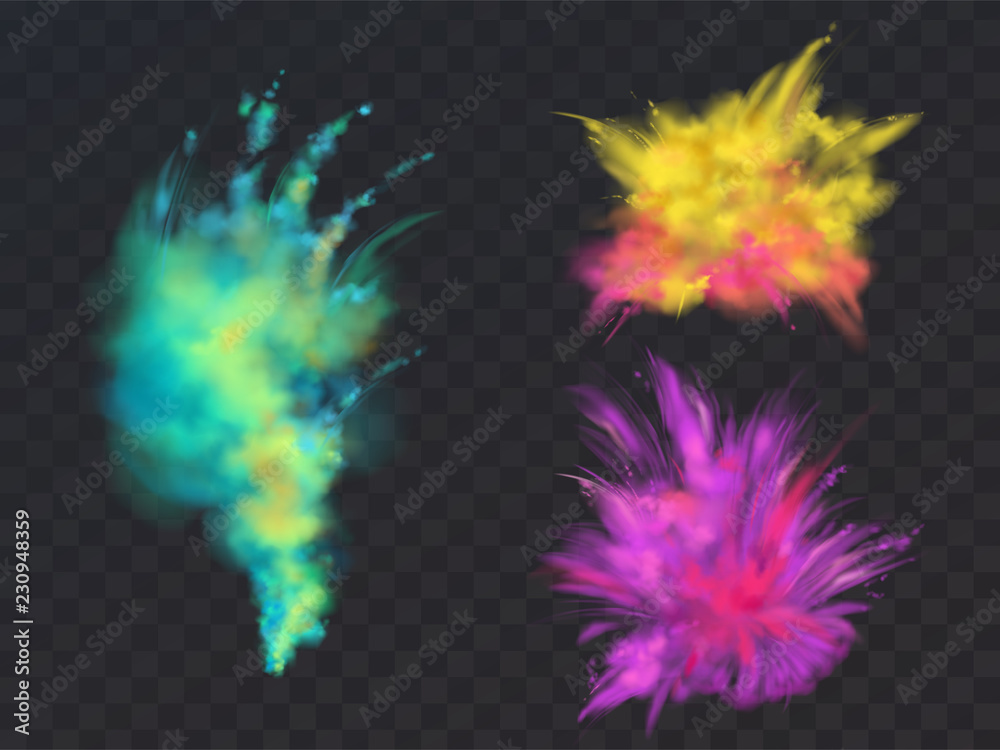 Vector realistic set of colorful powder clouds or explosions, isolated on transparent background. Abstract ink splashes, decorative vibrant paints for Holi fest, traditional spring indian holiday - obrazy, fototapety, plakaty 