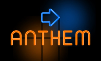 Anthem - orange glowing text with an arrow on dark background