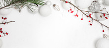 Christmas White Wood Background With Bauble And Red Berries