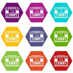 Poster - Chip microcontroller icons 9 set coloful isolated on white for web