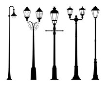 Vector Set Of Street Lantern Silhouettes In Retro Style Isolated On White Background. Wall Sticker. Illustration For Design.