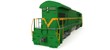 Modern green diesel railway locomotive with great power and strength for moving long and heavy railroad train. 3d rendering.