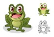 Male frog cartoon character mascot design, including flat and line art design, isolated on white background, vector clip art illustration.