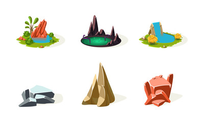 Poster - Rock stones, lake, pond, waterfall, elements of natural landscape set, user interface assets for mobile app or video game vector Illustration