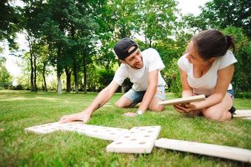 Wall Mural - Domino players on the grass.