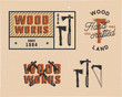 Vintage hand drawn woodworks tags logos and emblems set. Carpentry service label, patch. Typography lumberjack insignia with axes and texts. Retro colors style. Stock illusration isolated.