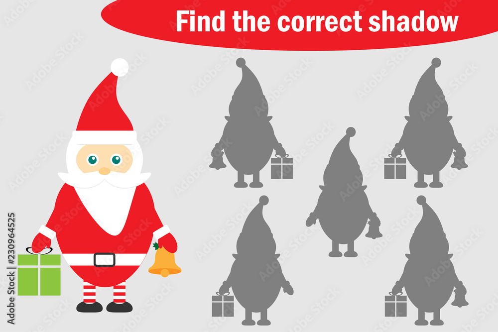 Find the correct shadow, christmas game for children, cartoon santa ...