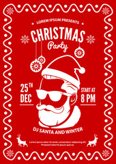 Wall Mural - Christmas party invitation, flyer or poster design with Santa Claus hat, beard and glasses. Vector illustration.