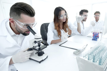 Wall Mural - male laboratory technician looking at samples in the microscope