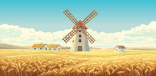 Rural Autumn Landscape With Windmill And With Houses, And Wheat Field.