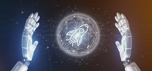 Poster - Cyborg hand holding a  start up rocket on a sphere 3d rendering