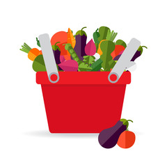 Fresh organic food. Vector. Shopping basket with fresh vegetables. Concept of healthy lifestyle, vegan, vegetarian.