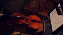 The Violin Lies In The Orchestra Pit. Slow Motion, 1920x1080, Full Hd