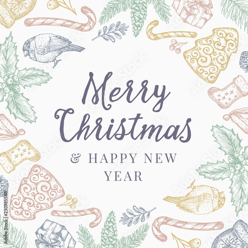 Merry Christmas And Happy New Year Abstract Pattern Background Invitation Or Greeting Card With Retro Typography Pastel Colors Sketch Drawing Layout Buy This Stock Vector And Explore Similar Vectors At Adobe