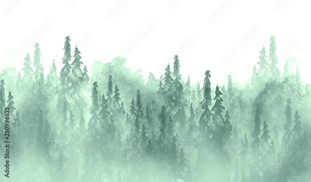 Watercolor Group Of Trees Fir Pine Cedar Fir Tree Green Forest Landscape Forest Landscape Drawing On White Isolated Background Misty Forest In Haz Ecological Poster Watercolor Painting Buy This Stock Illustration