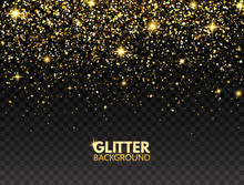 Glitter Background. Gold Glitter Particles Effect For Luxury Greeting Card. Sparkling Texture. Christmas Bright Design For Web Banner, Poster, Flyer, Invitation. Star Dust. Vector Illustration