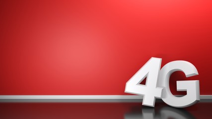 Poster - The write 4G in white 3D letters, standing on the black glossy floor of a room, leaning at its red wall - 3D rendering illustration