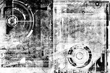 Wall Mural - Abstract grunge futuristic cyber technology background. Sci-fi circuit design. Blueprint on old grungy surface. Futuristic technology design. Cyber punk backdrop